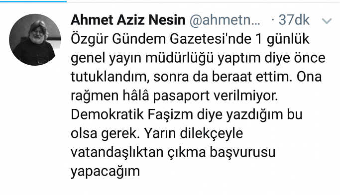 Ahmet Nesin vatandaşlıktan çıkacağını duyurdu
