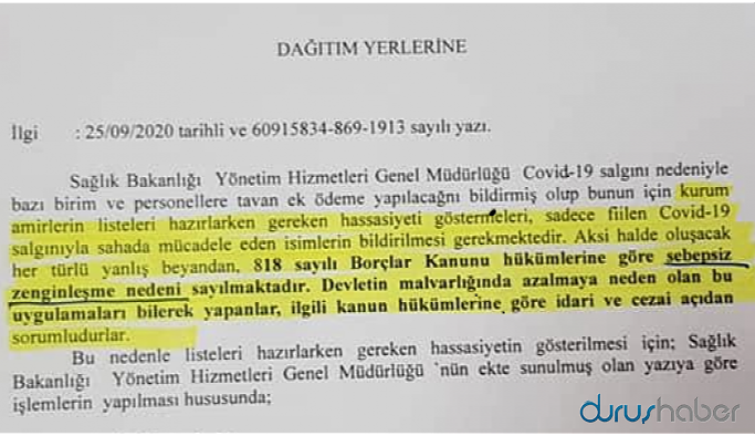 Mardin İl Sağlık Müdürlüğü'nün ek ödeme talimatı sağlıkçıları öfkelendirdi
