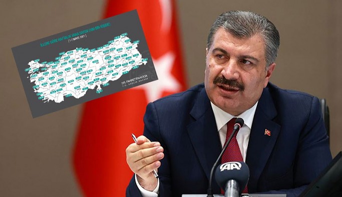 Sağlık Bakanı Fahrettin Koca, illere göre haftalık vaka sayısı haritasını paylaştı