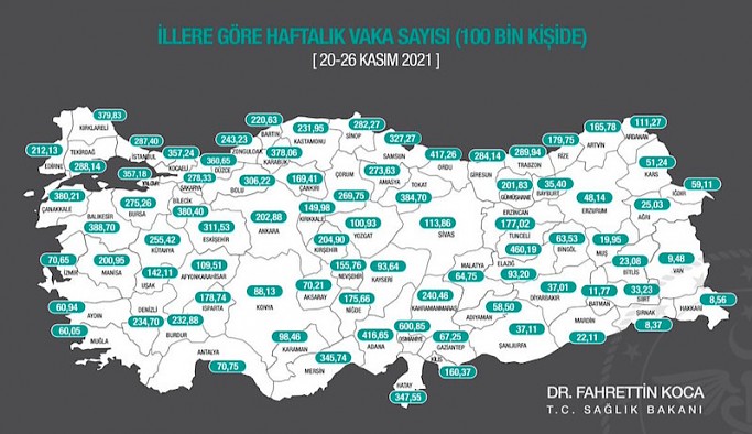Bakan Koca, 20-26 Kasım insidans haritasını paylaştı